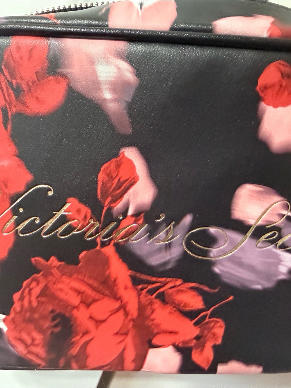 Victoria's Secret Black Cosmetic Bag with Red Floral Design - Picture 3 of 6